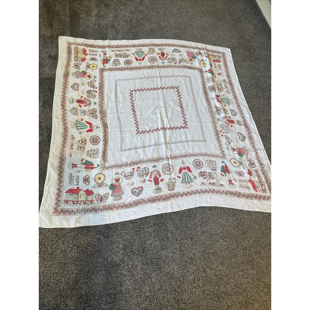 Vintage Square Tablecloth, Linen, Swiss/Austrian Folky Design, Flowers, Hearts